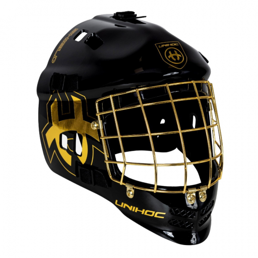 Unihoc Shield Maalivahdin kypärä - Musta/Kultainen ryhmässä ULKOPELIT / Salibandy / Maalivahdin varusteet @ Spelexperten (12557)