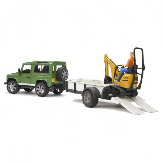 Bruder Land Rover Defender with trailer incl. JCB Mini loader + figure ryhmässä LELUT / Leluajoneuvot / Bruder @ Spelexperten (BR2593)