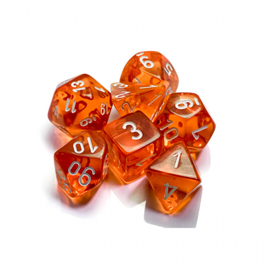 Dice Set 7 Translucent Orange/White ryhmässä SEURAPELIT / Tarvikkeet / Dice & Accessories @ Spelexperten (CHX23073)