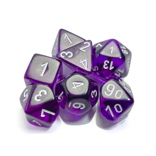 Dice Set 7 Translucent Purple/White ryhmässä SEURAPELIT / Tarvikkeet / Dice & Accessories @ Spelexperten (CHX23077)