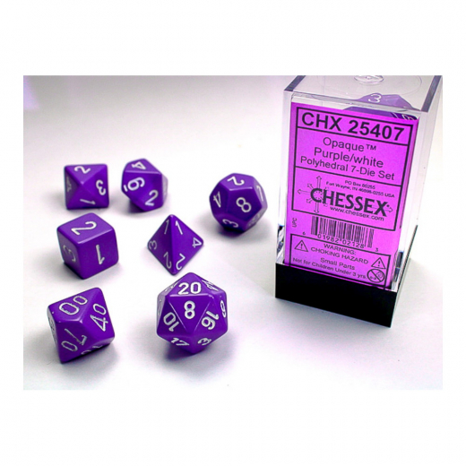 Dice Set 7 Opaque Purple/White ryhmässä SEURAPELIT / Tarvikkeet / Dice & Accessories @ Spelexperten (CHX25407)