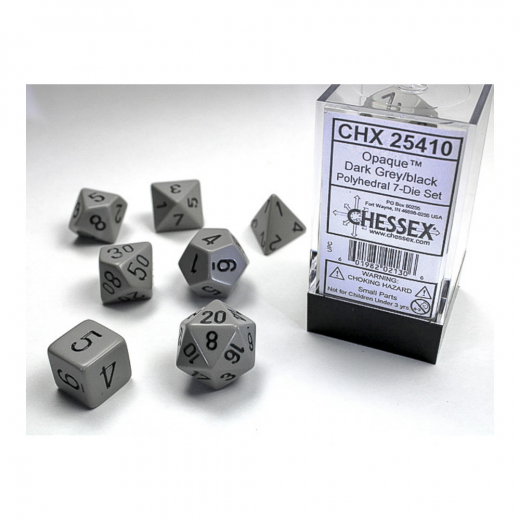 Dice Set 7 Opaque Grey/Black ryhmässä SEURAPELIT / Tarvikkeet / Dice & Accessories @ Spelexperten (CHX25410)