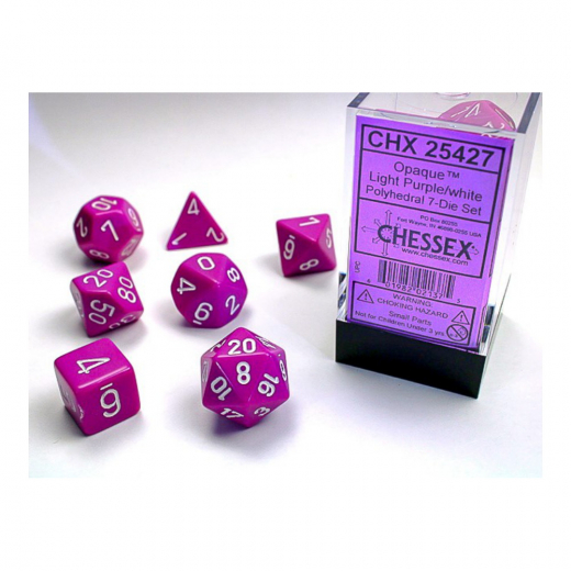 Dice Set 7 Opaque Light Purple/White ryhmässä SEURAPELIT / Tarvikkeet / Dice & Accessories @ Spelexperten (CHX25427)