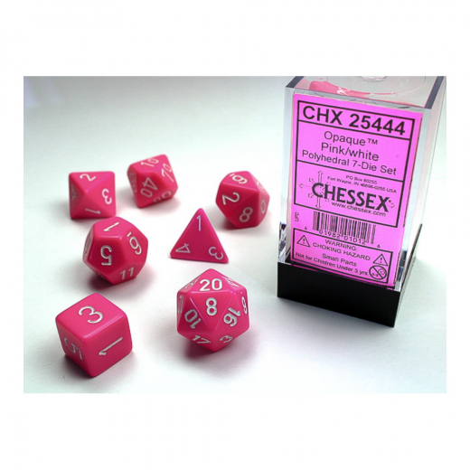 Dice Set 7 Opaque Pink/White ryhmässä SEURAPELIT / Tarvikkeet / Dice & Accessories @ Spelexperten (CHX25444)