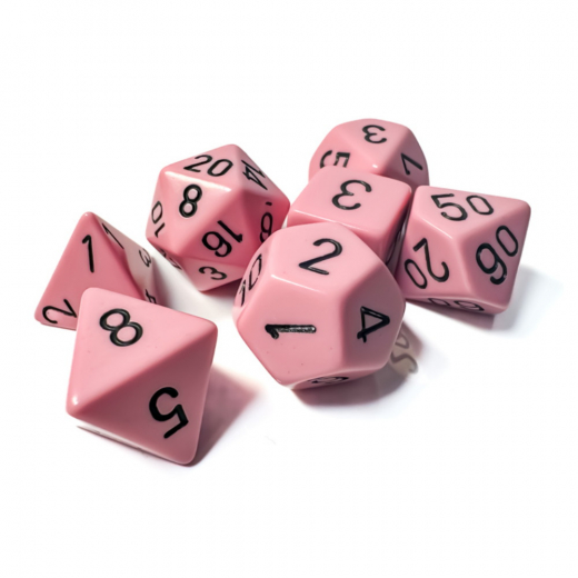 Dice Set 7 Opaque Pastel Pink/black ryhmässä SEURAPELIT / Tarvikkeet / Dice & Accessories @ Spelexperten (CHX25464)