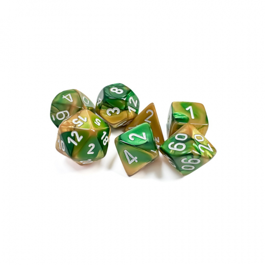 Dice Set 7 Gemini Gold-Green/White ryhmässä SEURAPELIT / Tarvikkeet / Nopat ja tarvikkeet @ Spelexperten (CHX26425)