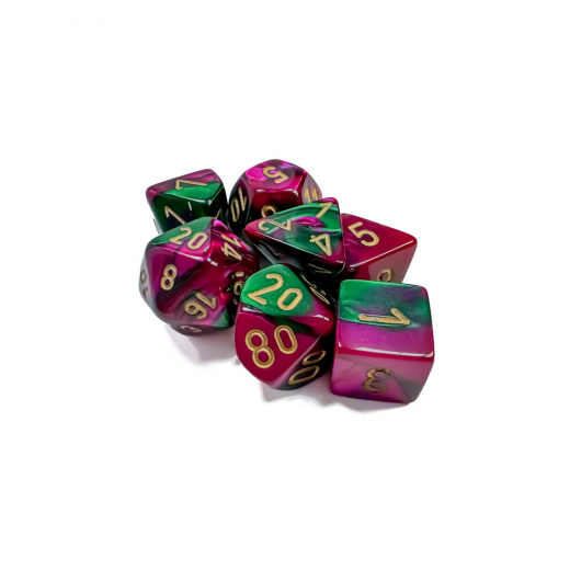 Dice Set 7 Gemini Green-Purple/Gold ryhmässä SEURAPELIT / Tarvikkeet / Nopat ja tarvikkeet @ Spelexperten (CHX26434)
