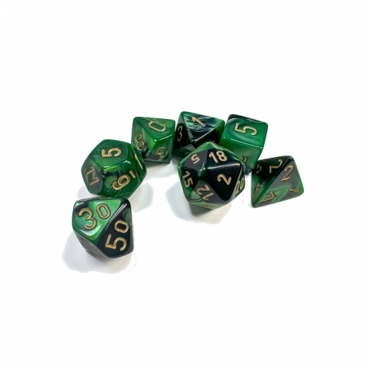 Dice Set 7 Gemini Black-Green/Gold ryhmässä SEURAPELIT / Tarvikkeet / Nopat ja tarvikkeet @ Spelexperten (CHX26439)