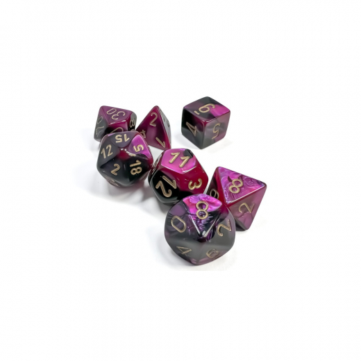Dice Set 7 Gemini Black-Purple/Gold ryhmässä SEURAPELIT / Tarvikkeet / Nopat ja tarvikkeet @ Spelexperten (CHX26440)