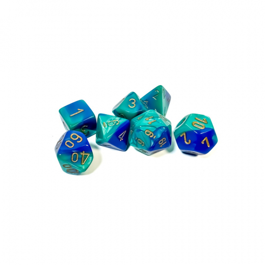 Dice Set 7 Gemini Blue-Teal/Gold ryhmässä SEURAPELIT / Tarvikkeet / Nopat ja tarvikkeet @ Spelexperten (CHX26459)