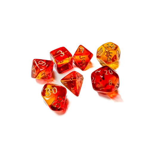 Dice Set 7 Gemini Translucent Red-Yellow/Gold ryhmässä SEURAPELIT / Tarvikkeet / Nopat ja tarvikkeet @ Spelexperten (CHX26468)