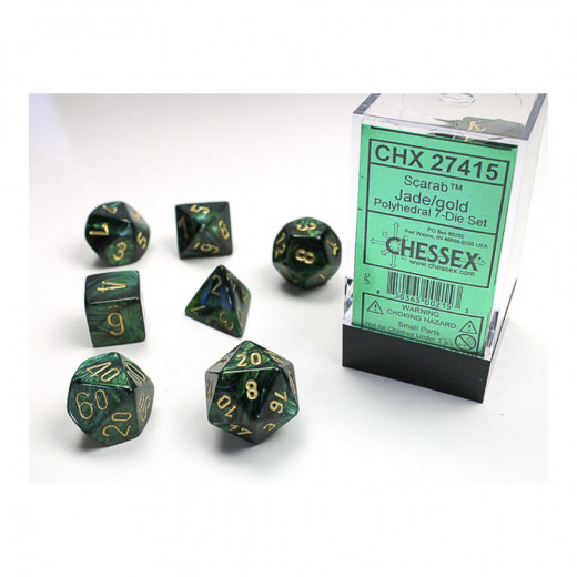 Dice Set 7 Scarab Jade/Gold ryhmässä SEURAPELIT / Tarvikkeet / Dice & Accessories @ Spelexperten (CHX27415)