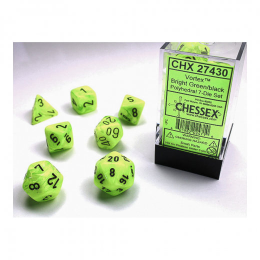 Dice Set 7 Vortex Bright Green/Black ryhmässä SEURAPELIT / Tarvikkeet / Dice & Accessories @ Spelexperten (CHX27430)