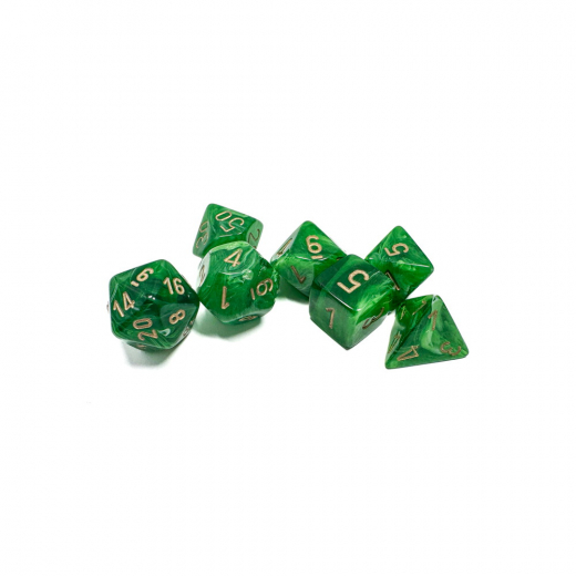 Dice Set 7 Vortex Green/Gold ryhmässä SEURAPELIT / Tarvikkeet / Nopat ja tarvikkeet @ Spelexperten (CHX27435)