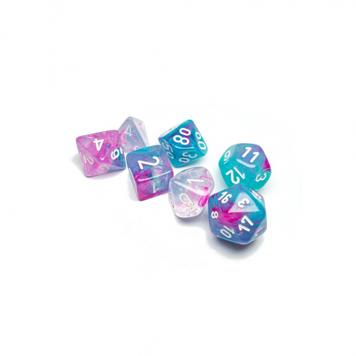 Dice Set 7 Nebula Wisteria/White Luminary ryhmässä SEURAPELIT / Tarvikkeet / Nopat ja tarvikkeet @ Spelexperten (CHX27545)