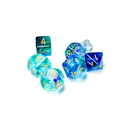 Dice Set 7 Nebula Oceanic/Gold Luminary ryhmässä SEURAPELIT / Tarvikkeet / Nopat ja tarvikkeet @ Spelexperten (CHX27556)