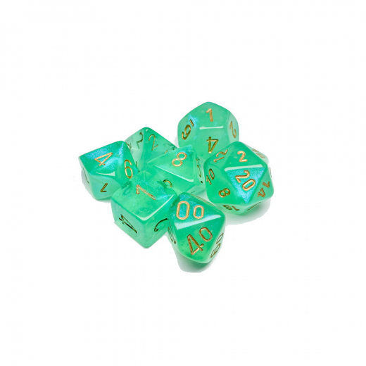 Dice Set 7 Borealis Light Green/Gold ryhmässä SEURAPELIT / Tarvikkeet / Nopat ja tarvikkeet @ Spelexperten (CHX27575)