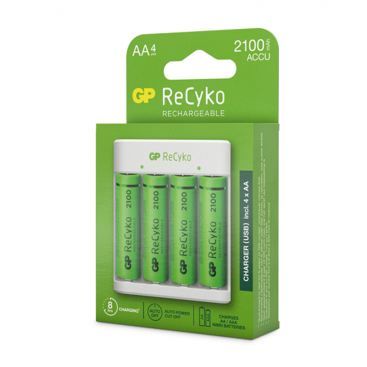 GP ReCyko Charger, incl. 4 AA 2100mAh NiMH-batteries ryhmässä LELUT / Akut & laturit @ Spelexperten (GP-202233)