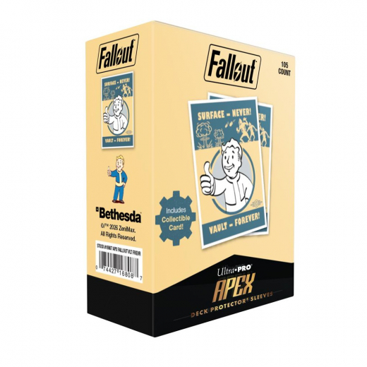 Fallout: Apex Deck Protector Sleeves - Vault Boy: Surface - Never! Vault - Forever! ryhmässä SEURAPELIT / Tarvikkeet / Sleeves @ Spelexperten (ULT16808)