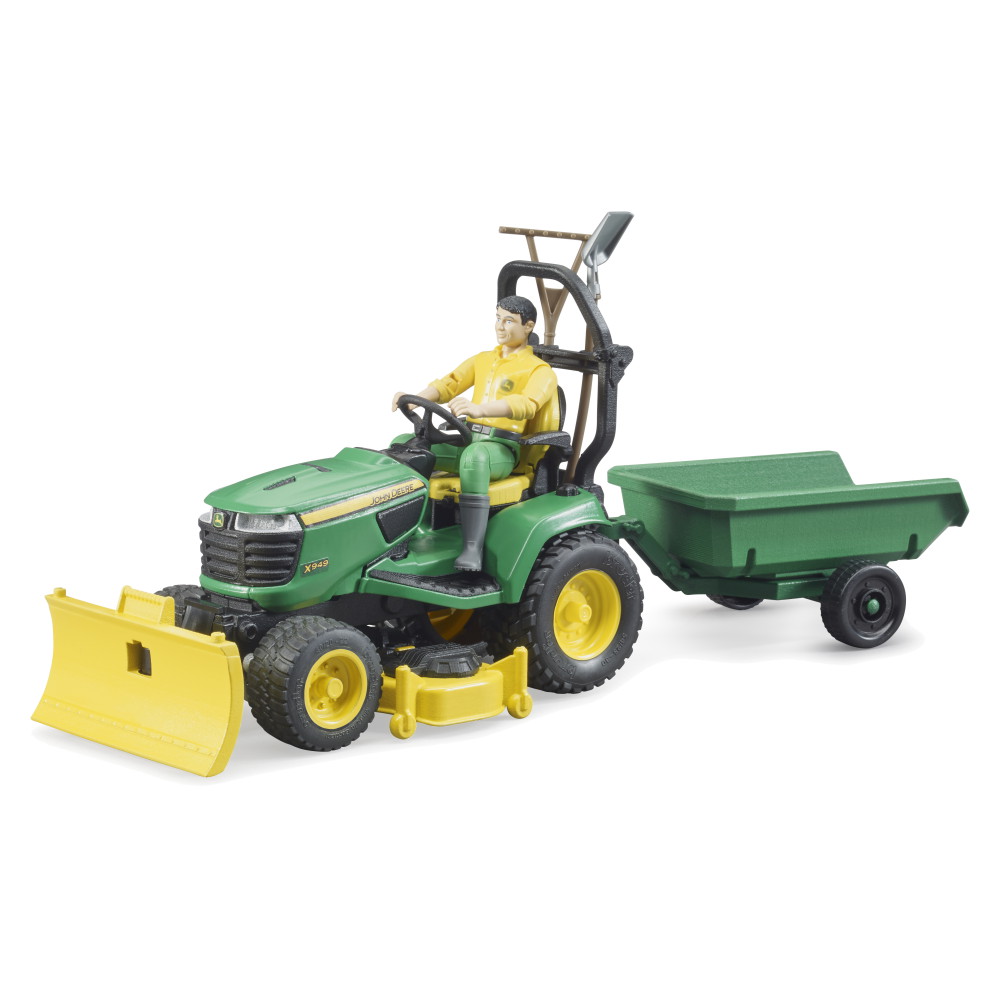 Bruder Bworld John Deere lawn tractor with trailer and gardener