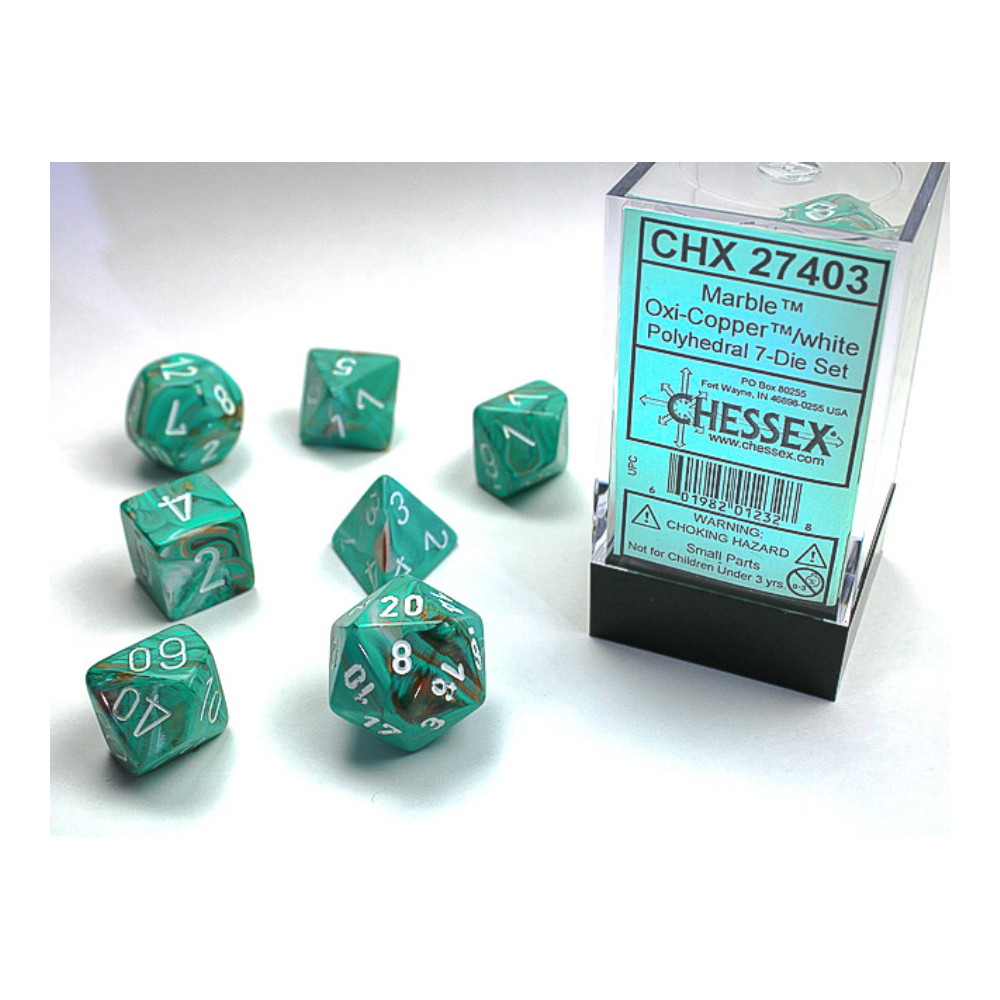 Dice Set 7 Marble Oxi-Copper/White