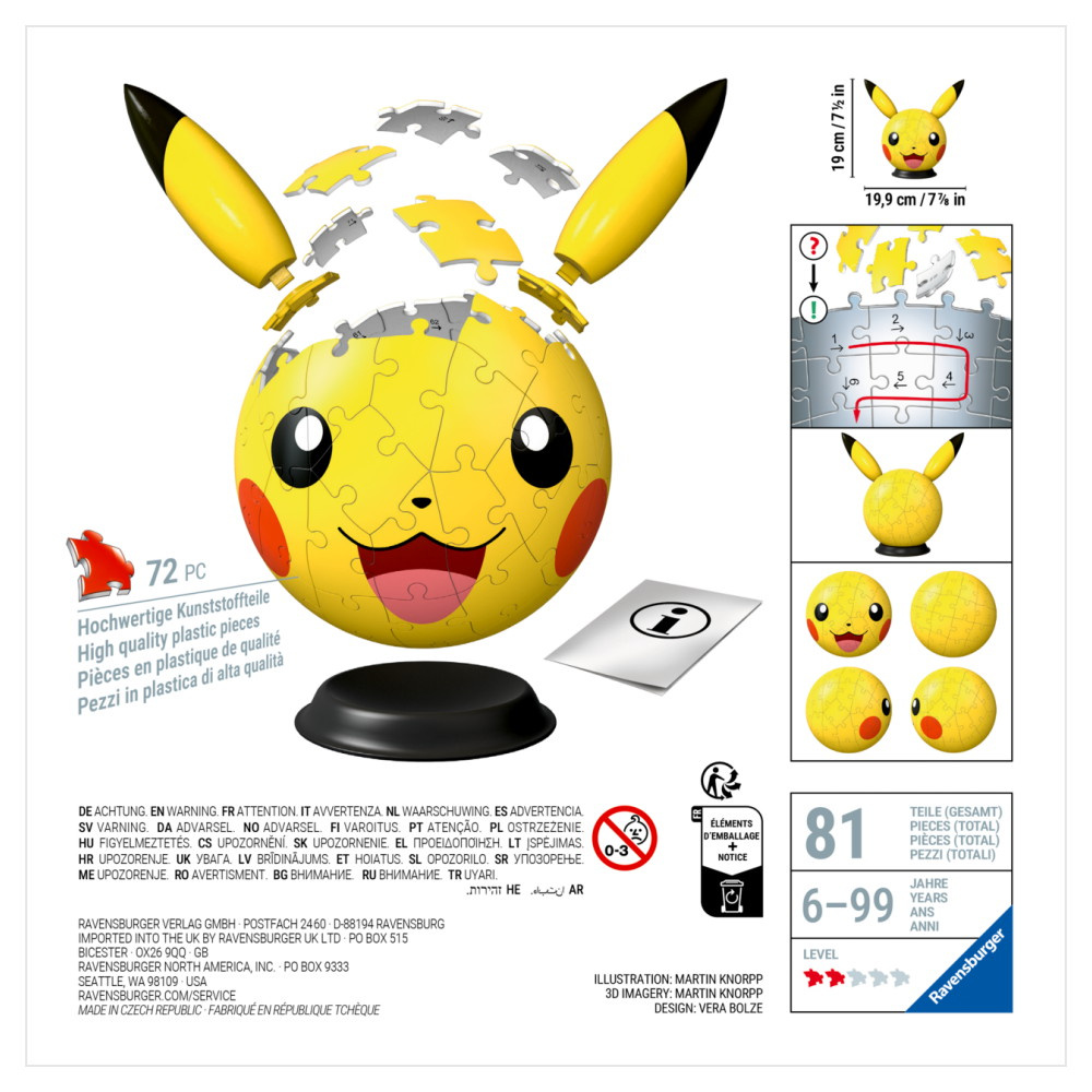 Ravensburger 3D Pokémon Pikachu, jolla on korvat 72 Paala
