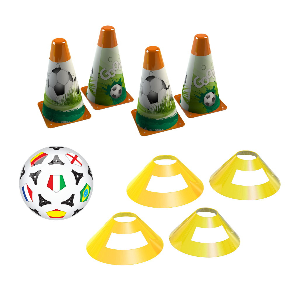 Jalkapallosetti kartioiden ja merkkien kanssa